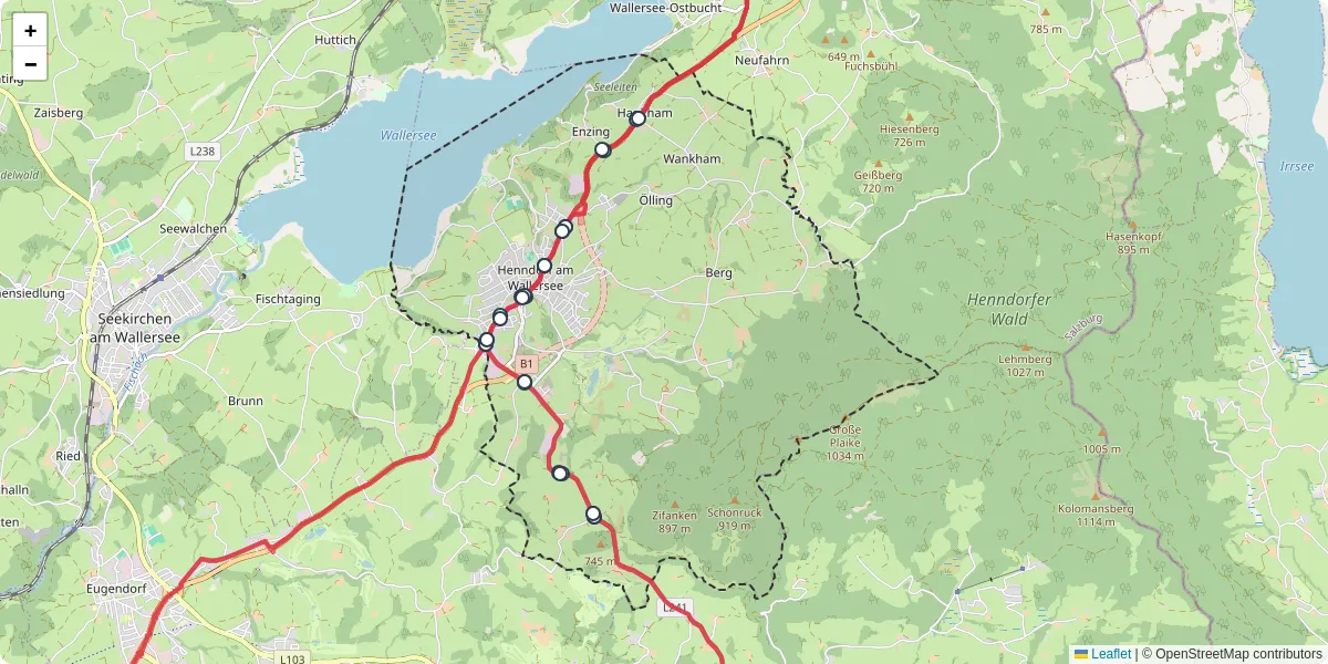 Nahverkehrsnetz in henndorf-am-wallersee, Österreich - Buslinien, Haltestellen und Verbindungen auf der Karte