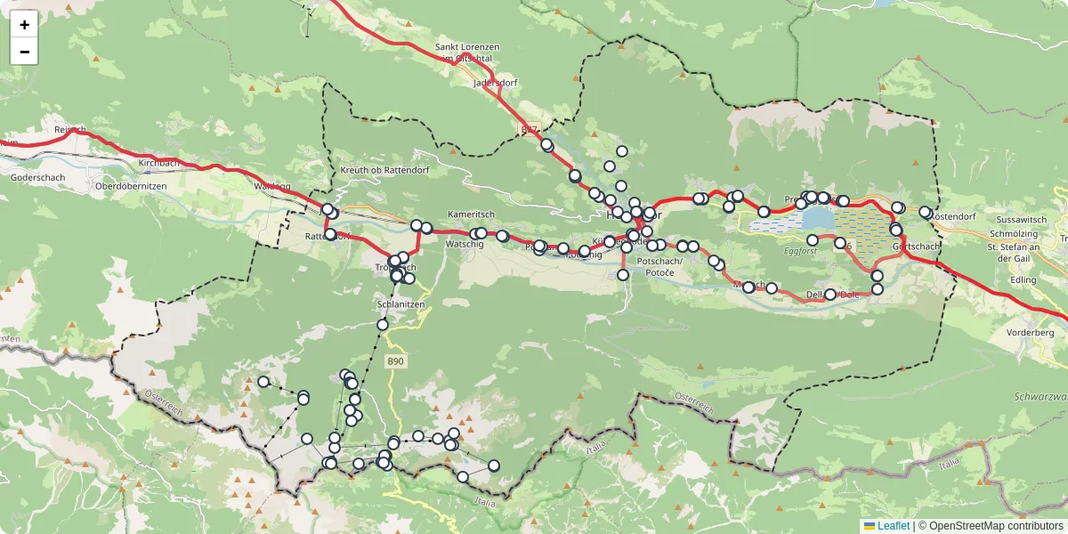 Nahverkehrsnetz in hermagor-pressegger-see, Österreich - Buslinien, Haltestellen und Verbindungen auf der Karte