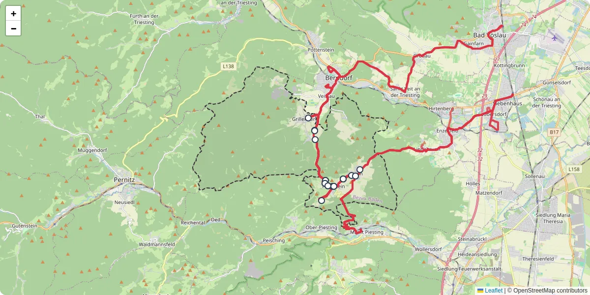 Nahverkehrsnetz in hernstein, Österreich - Buslinien, Haltestellen und Verbindungen auf der Karte