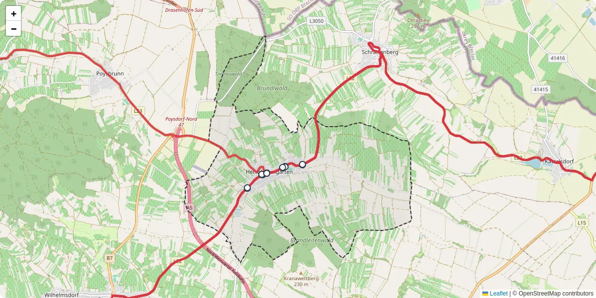 Nahverkehrsnetz in herrnbaumgarten, Österreich - Buslinien, Haltestellen und Verbindungen auf der Karte