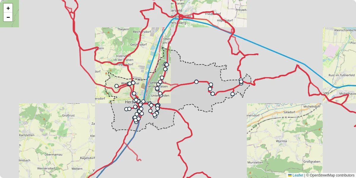 Nahverkehrsnetz in herzogenburg, Österreich - Buslinien, Haltestellen und Verbindungen auf der Karte