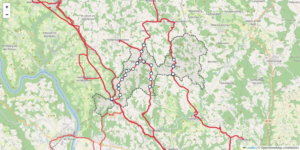 Nahverkehrsnetz in herzogsdorf, Österreich - Buslinien, Haltestellen und Verbindungen auf der Karte