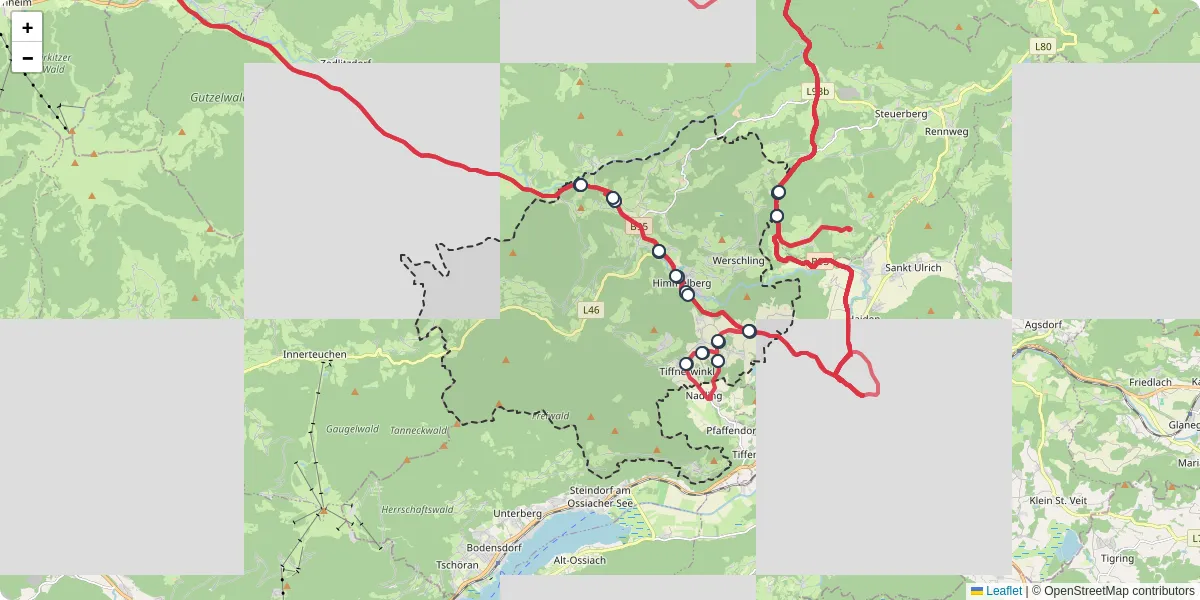 Nahverkehrsnetz in himmelberg, Österreich - Buslinien, Haltestellen und Verbindungen auf der Karte
