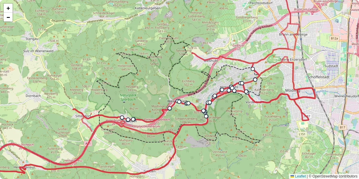 Nahverkehrsnetz in hinterbruhl, Österreich - Buslinien, Haltestellen und Verbindungen auf der Karte