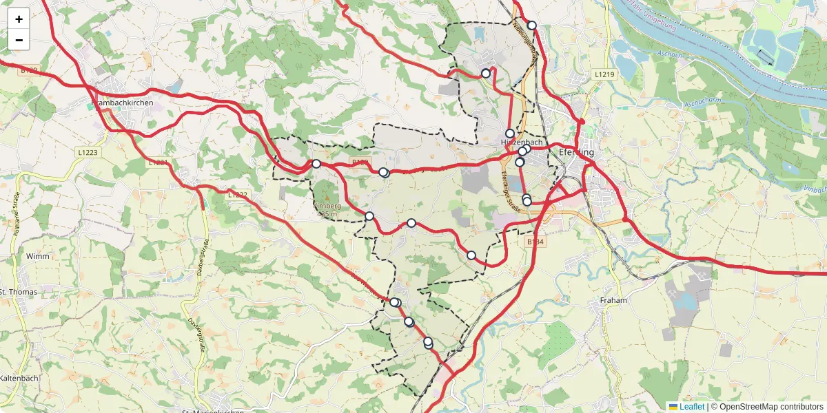 Nahverkehrsnetz in hinzenbach, Österreich - Buslinien, Haltestellen und Verbindungen auf der Karte