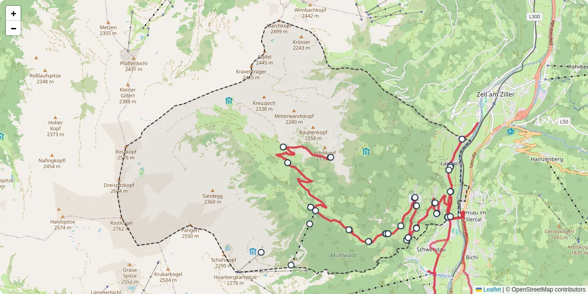 Nahverkehrsnetz in hippach, Österreich - Buslinien, Haltestellen und Verbindungen auf der Karte