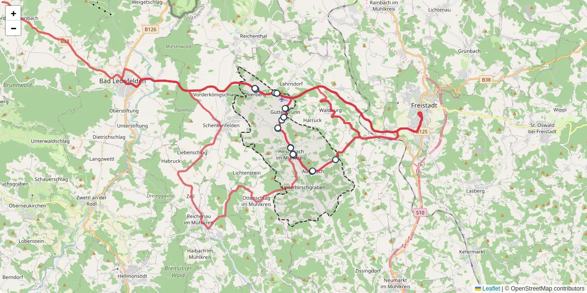 Nahverkehrsnetz in hirschbach-im-muhlkreis, Österreich - Buslinien, Haltestellen und Verbindungen auf der Karte