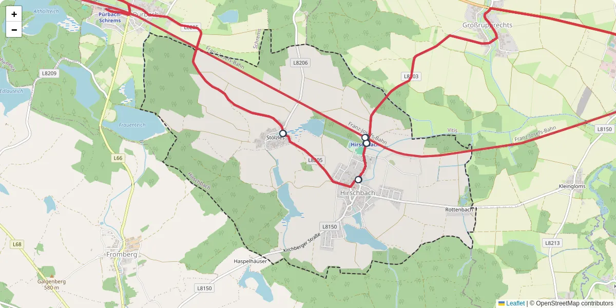 Nahverkehrsnetz in hirschbach, Österreich - Buslinien, Haltestellen und Verbindungen auf der Karte