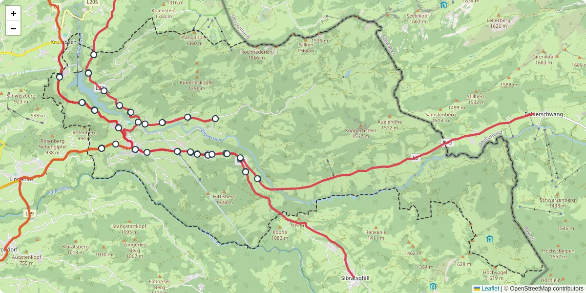 Nahverkehrsnetz in hittisau, Österreich - Buslinien, Haltestellen und Verbindungen auf der Karte
