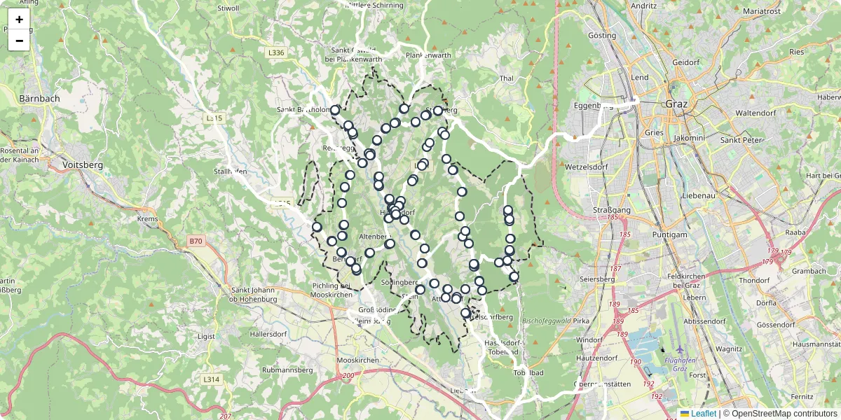 Nahverkehrsnetz in hitzendorf, Österreich - Buslinien, Haltestellen und Verbindungen auf der Karte