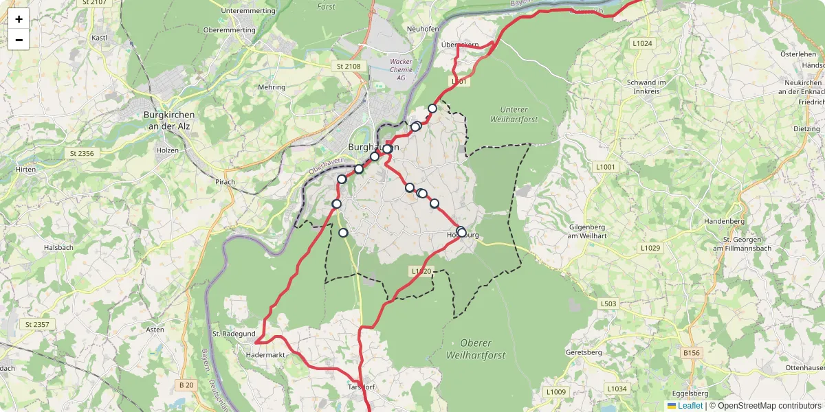 Nahverkehrsnetz in hochburg-ach, Österreich - Buslinien, Haltestellen und Verbindungen auf der Karte