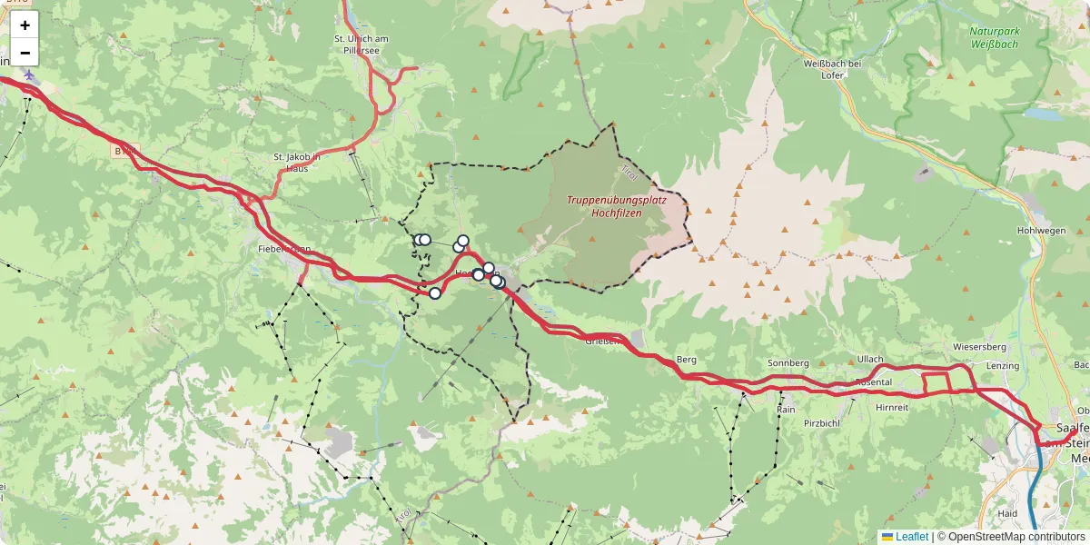 Nahverkehrsnetz in hochfilzen, Österreich - Buslinien, Haltestellen und Verbindungen auf der Karte