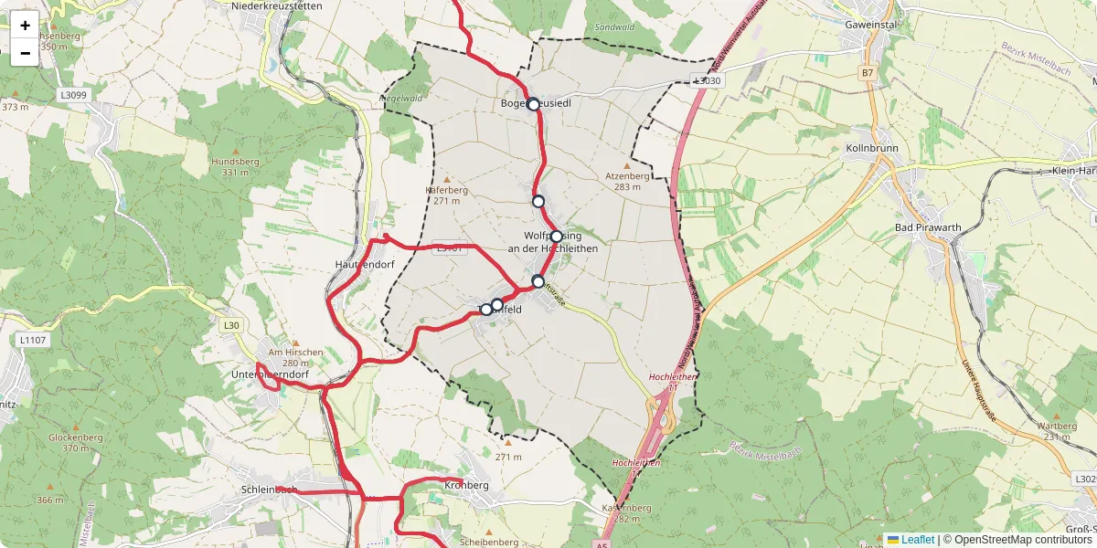 Nahverkehrsnetz in hochleithen, Österreich - Buslinien, Haltestellen und Verbindungen auf der Karte