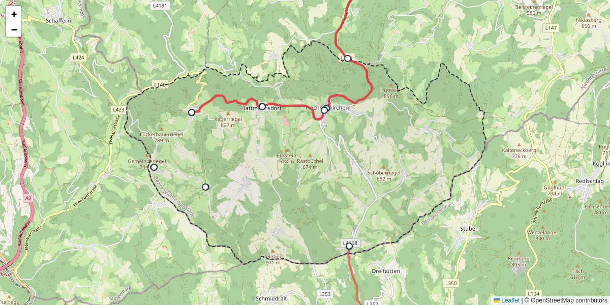 Nahverkehrsnetz in hochneukirchen-gschaidt, Österreich - Buslinien, Haltestellen und Verbindungen auf der Karte