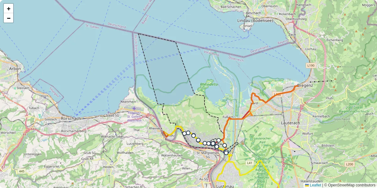 Nahverkehrsnetz in hochst, Österreich - Buslinien, Haltestellen und Verbindungen auf der Karte