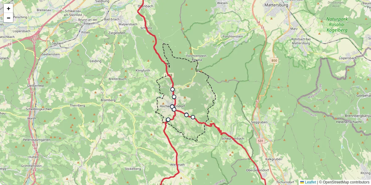 Nahverkehrsnetz in hochwolkersdorf, Österreich - Buslinien, Haltestellen und Verbindungen auf der Karte