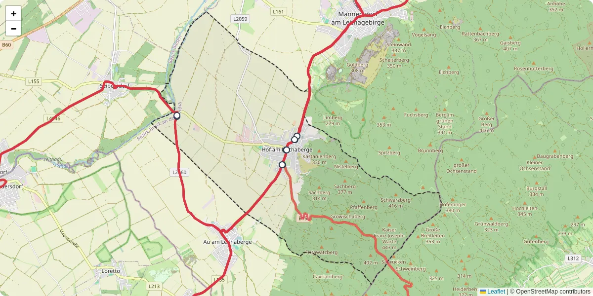 Nahverkehrsnetz in hof-am-leithaberge, Österreich - Buslinien, Haltestellen und Verbindungen auf der Karte