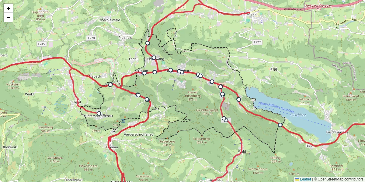 Nahverkehrsnetz in hof-bei-salzburg, Österreich - Buslinien, Haltestellen und Verbindungen auf der Karte