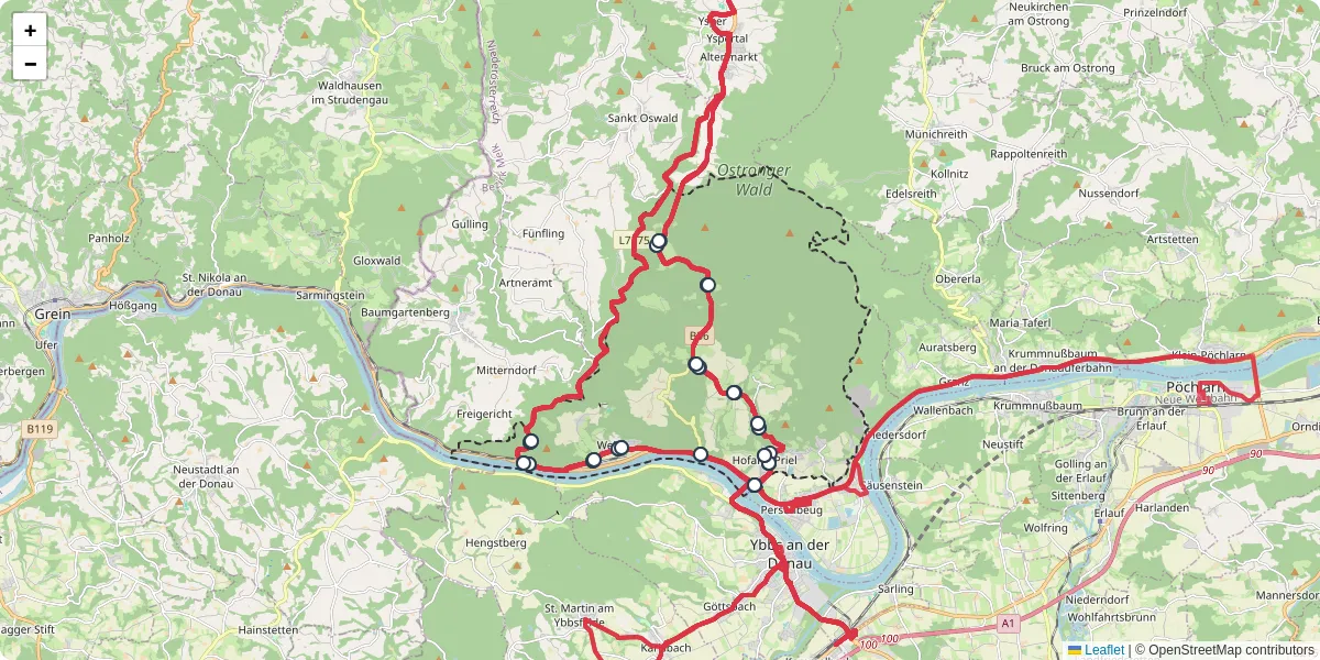 Nahverkehrsnetz in hofamt-priel, Österreich - Buslinien, Haltestellen und Verbindungen auf der Karte