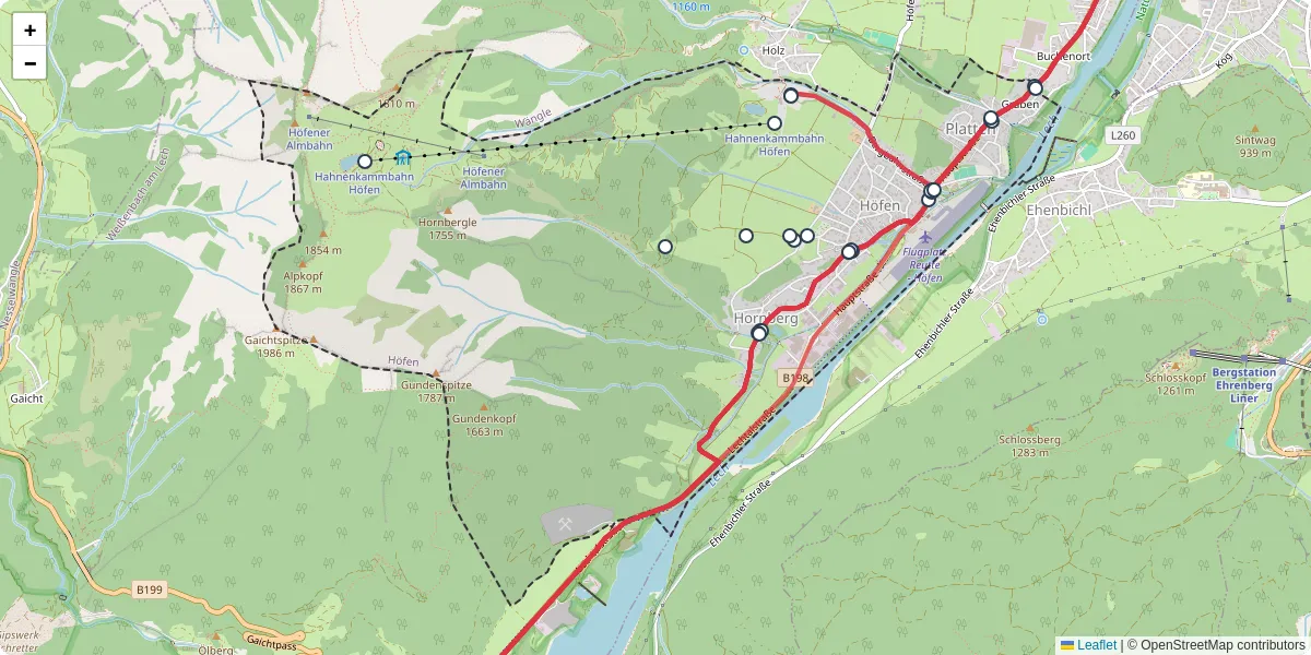 Nahverkehrsnetz in hofen, Österreich - Buslinien, Haltestellen und Verbindungen auf der Karte