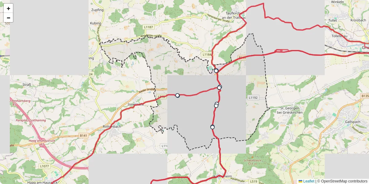 Nahverkehrsnetz in hofkirchen-an-der-trattnach, Österreich - Buslinien, Haltestellen und Verbindungen auf der Karte