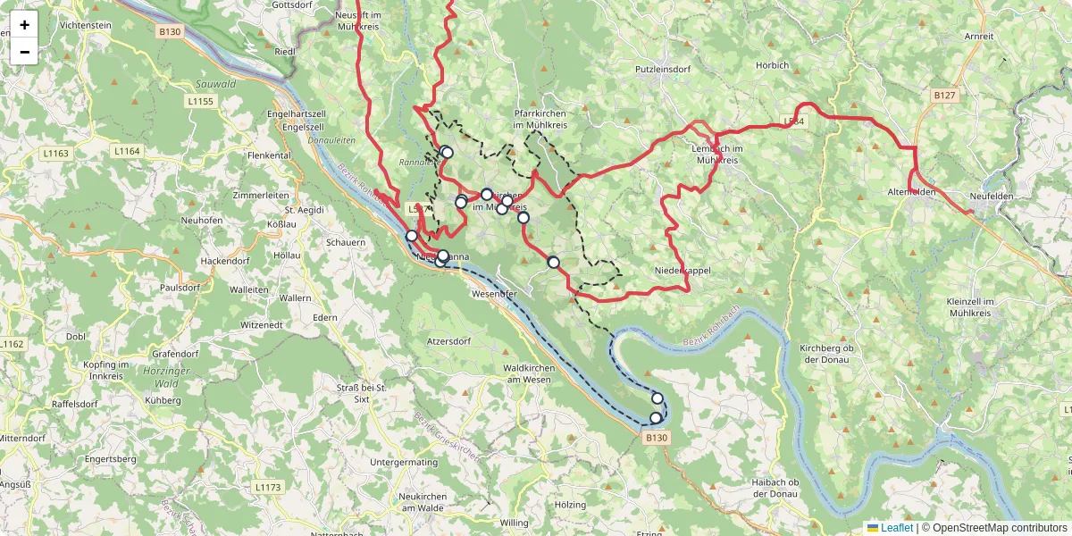 Nahverkehrsnetz in hofkirchen-im-muhlkreis, Österreich - Buslinien, Haltestellen und Verbindungen auf der Karte