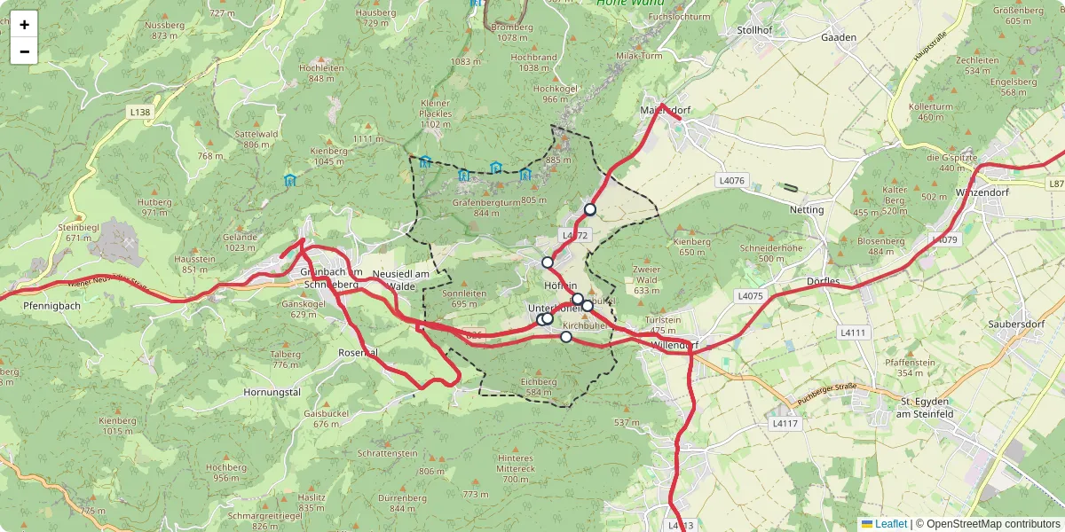 Nahverkehrsnetz in hoflein-an-der-hohen-wand, Österreich - Buslinien, Haltestellen und Verbindungen auf der Karte