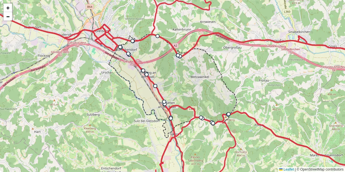 Nahverkehrsnetz in hofstatten-an-der-raab, Österreich - Buslinien, Haltestellen und Verbindungen auf der Karte