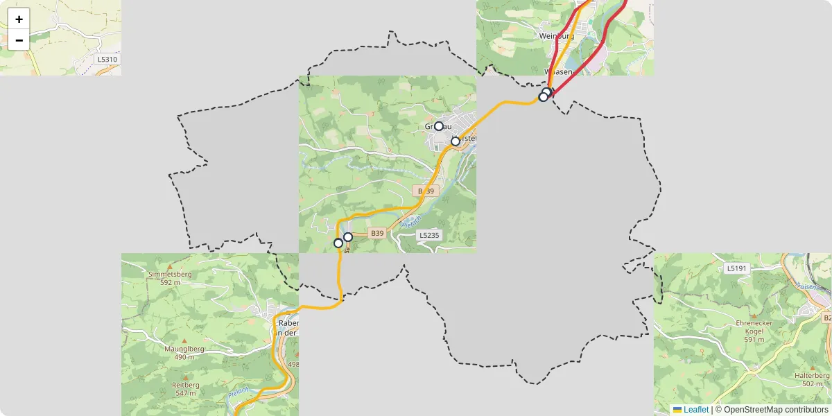 Nahverkehrsnetz in hofstetten-grunau, Österreich - Buslinien, Haltestellen und Verbindungen auf der Karte