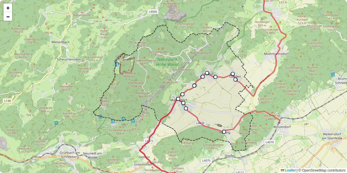 Nahverkehrsnetz in hohe-wand, Österreich - Buslinien, Haltestellen und Verbindungen auf der Karte