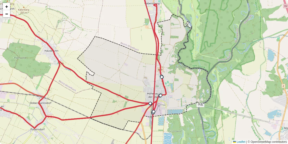 Nahverkehrsnetz in hohenau-an-der-march, Österreich - Buslinien, Haltestellen und Verbindungen auf der Karte