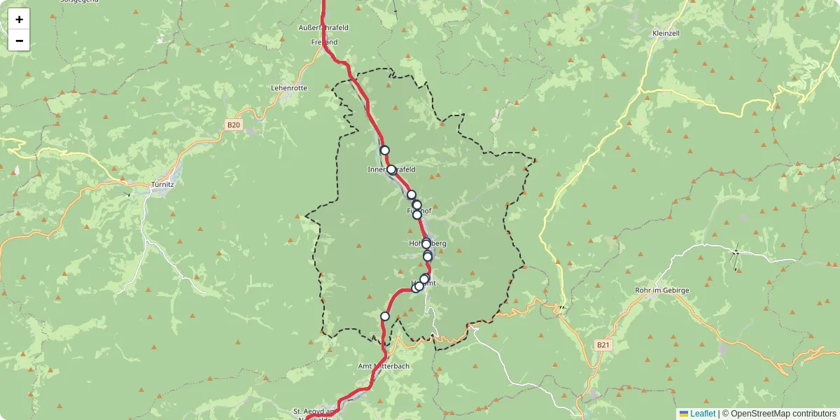 Nahverkehrsnetz in hohenberg, Österreich - Buslinien, Haltestellen und Verbindungen auf der Karte