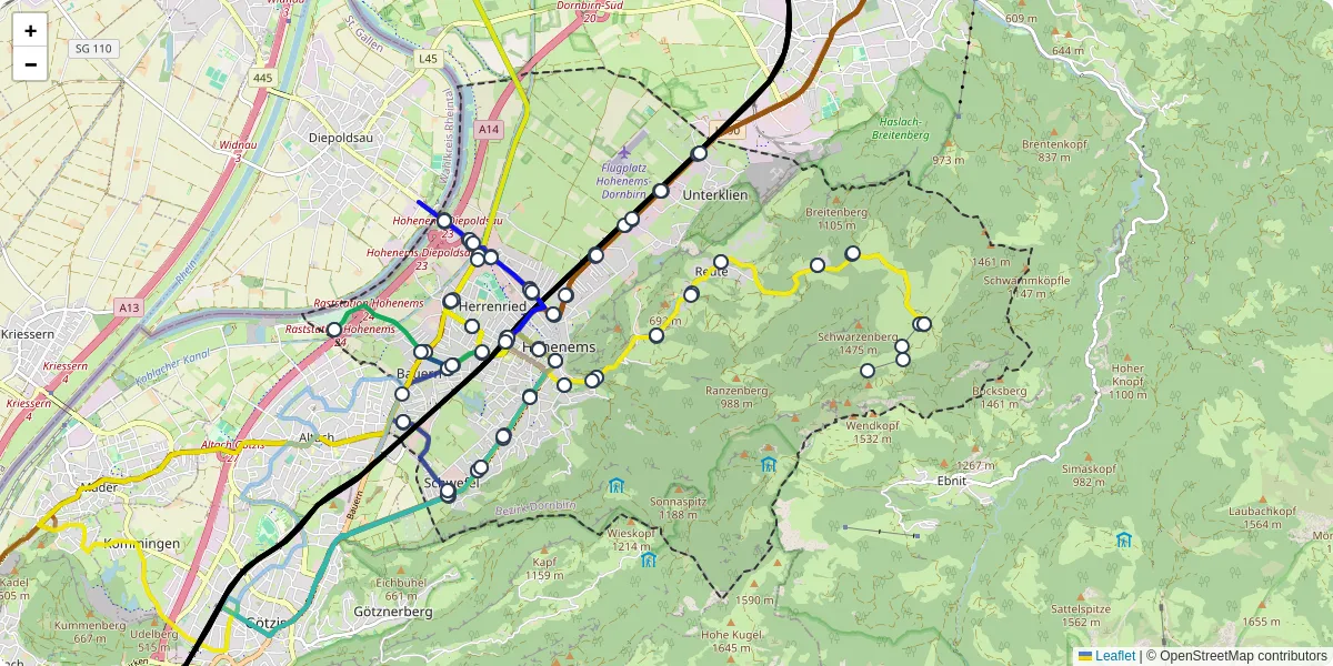 Nahverkehrsnetz in hohenems, Österreich - Buslinien, Haltestellen und Verbindungen auf der Karte