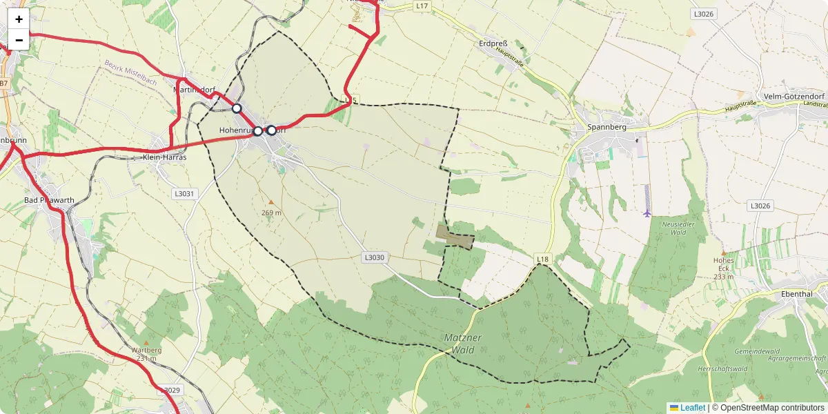 Nahverkehrsnetz in hohenruppersdorf, Österreich - Buslinien, Haltestellen und Verbindungen auf der Karte