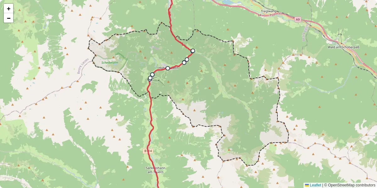 Nahverkehrsnetz in hohentauern, Österreich - Buslinien, Haltestellen und Verbindungen auf der Karte
