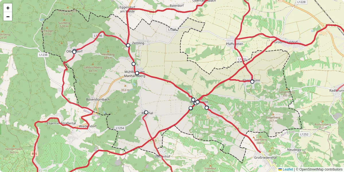 Nahverkehrsnetz in hohenwarth-muhlbach-am-manhartsberg, Österreich - Buslinien, Haltestellen und Verbindungen auf der Karte