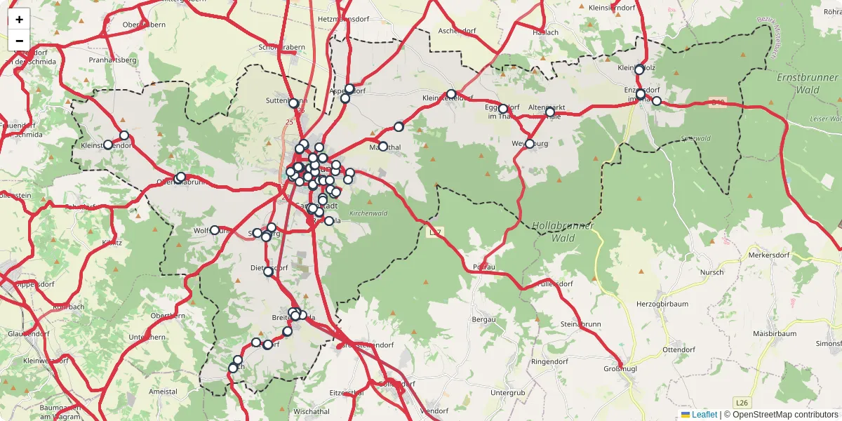 Nahverkehrsnetz in hollabrunn, Österreich - Buslinien, Haltestellen und Verbindungen auf der Karte