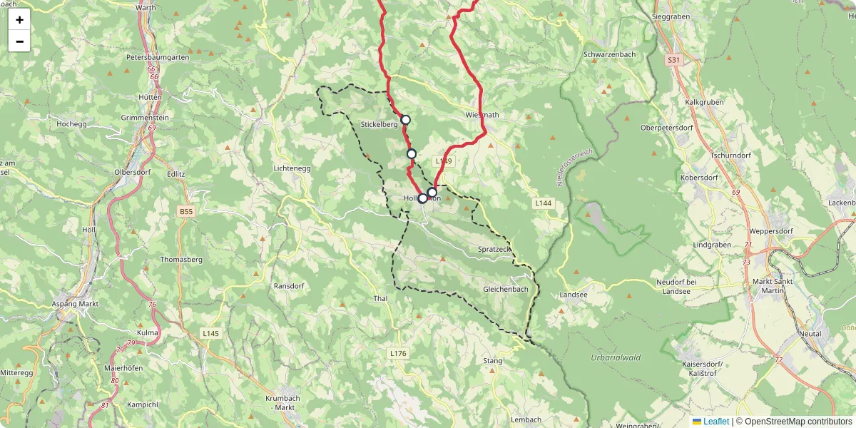 Nahverkehrsnetz in hollenthon, Österreich - Buslinien, Haltestellen und Verbindungen auf der Karte