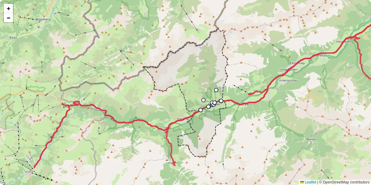 Nahverkehrsnetz in holzgau, Österreich - Buslinien, Haltestellen und Verbindungen auf der Karte
