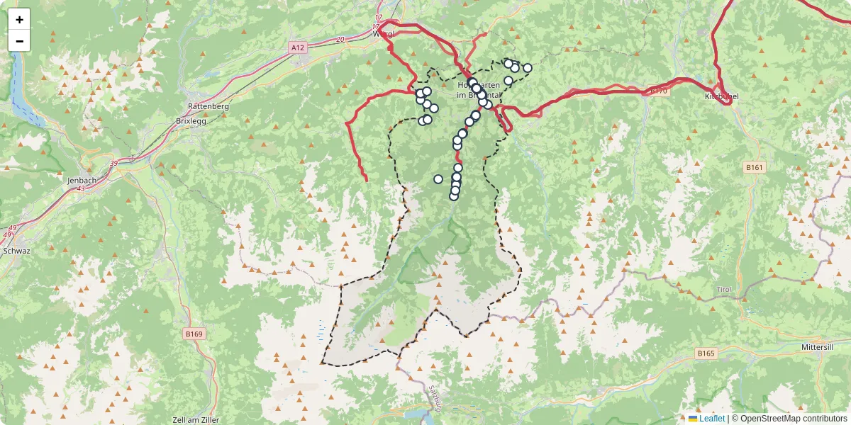 Nahverkehrsnetz in hopfgarten-im-brixental, Österreich - Buslinien, Haltestellen und Verbindungen auf der Karte