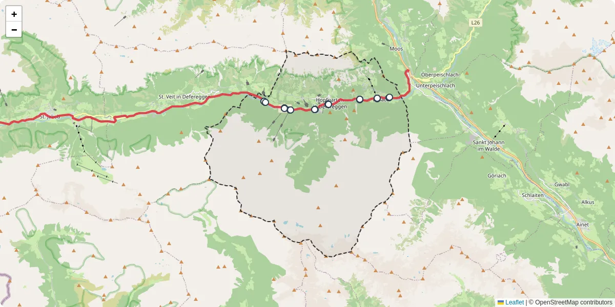 Nahverkehrsnetz in hopfgarten-in-defereggen, Österreich - Buslinien, Haltestellen und Verbindungen auf der Karte