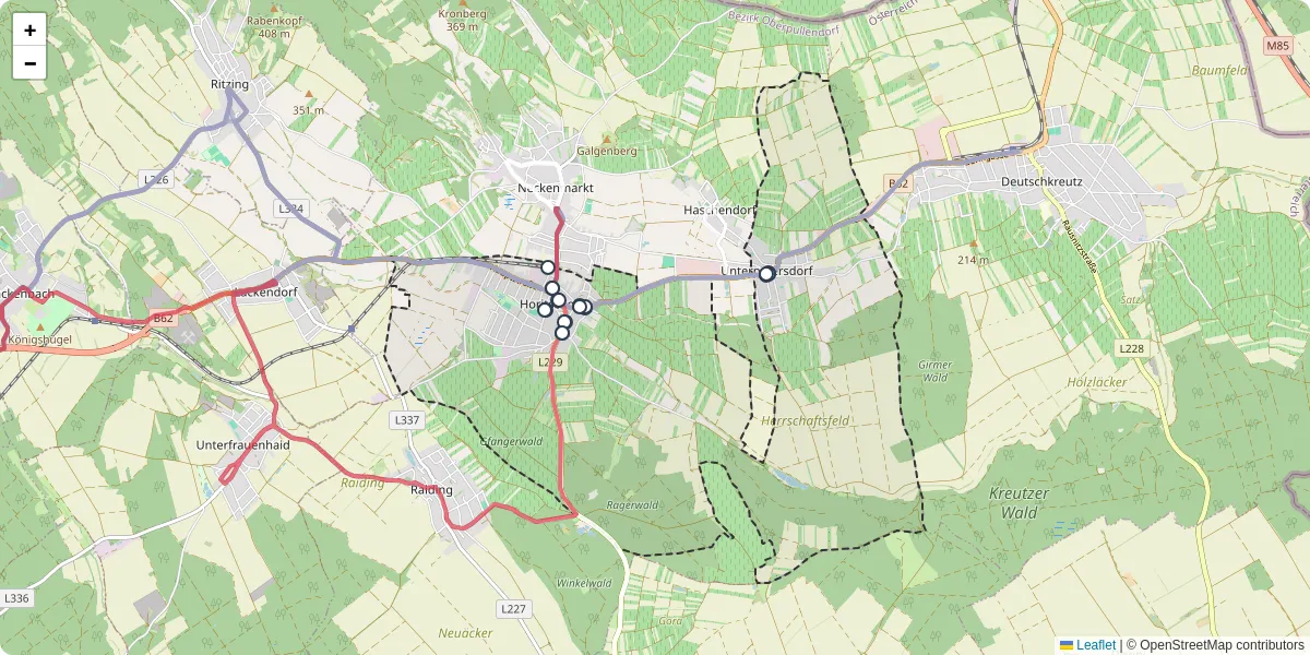 Nahverkehrsnetz in horitschon, Österreich - Buslinien, Haltestellen und Verbindungen auf der Karte