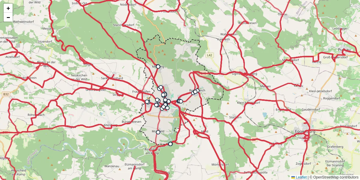 Nahverkehrsnetz in horn, Österreich - Buslinien, Haltestellen und Verbindungen auf der Karte