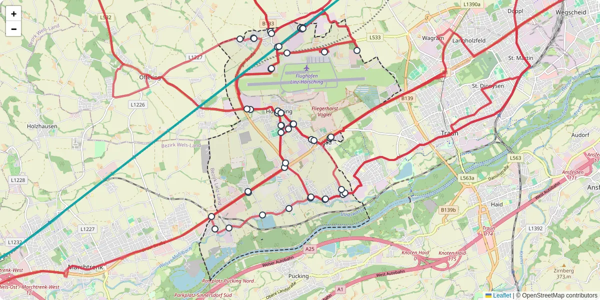Nahverkehrsnetz in horsching, Österreich - Buslinien, Haltestellen und Verbindungen auf der Karte