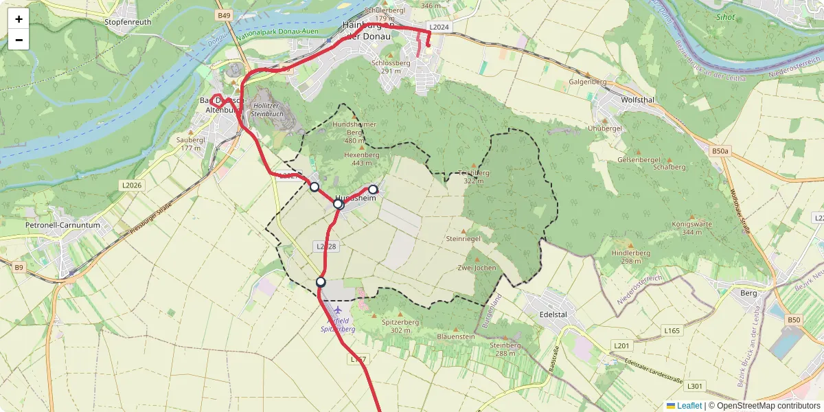 Nahverkehrsnetz in hundsheim, Österreich - Buslinien, Haltestellen und Verbindungen auf der Karte
