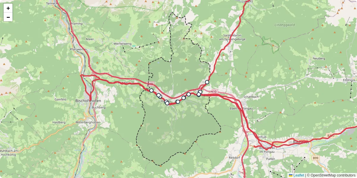 Nahverkehrsnetz in huttau, Österreich - Buslinien, Haltestellen und Verbindungen auf der Karte
