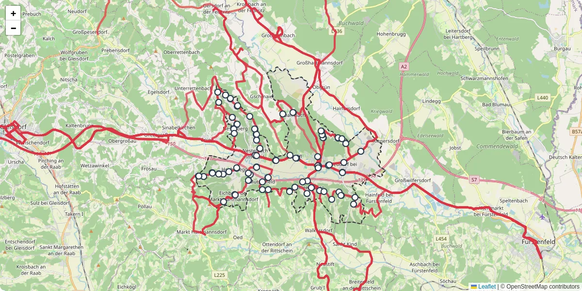 Nahverkehrsnetz in ilz, Österreich - Buslinien, Haltestellen und Verbindungen auf der Karte