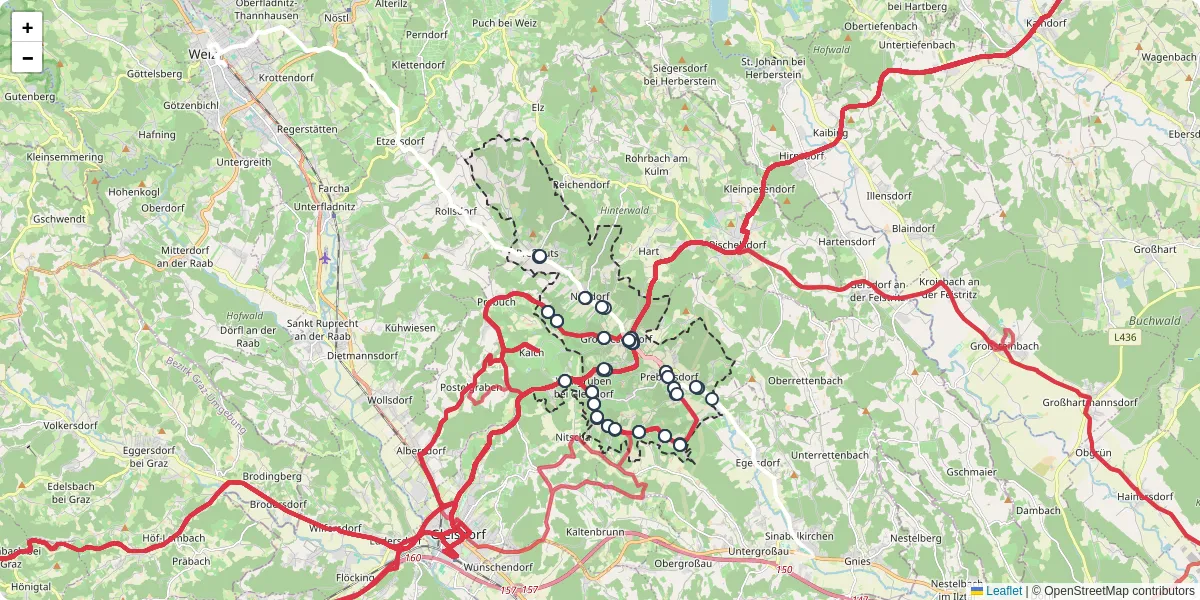 Nahverkehrsnetz in ilztal, Österreich - Buslinien, Haltestellen und Verbindungen auf der Karte