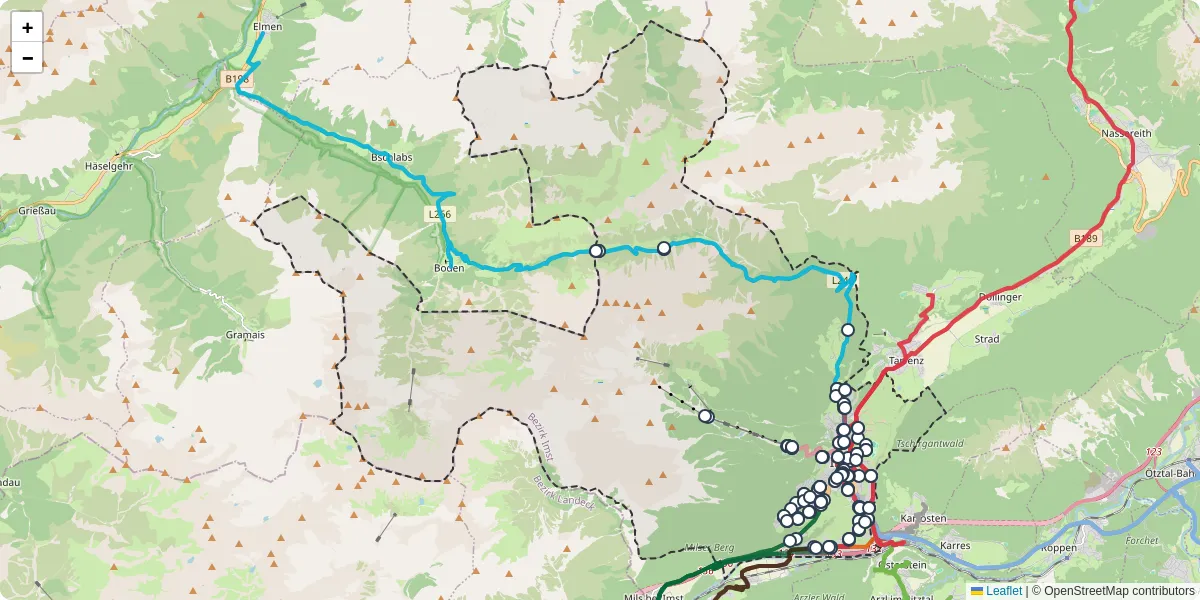 Nahverkehrsnetz in imst, Österreich - Buslinien, Haltestellen und Verbindungen auf der Karte