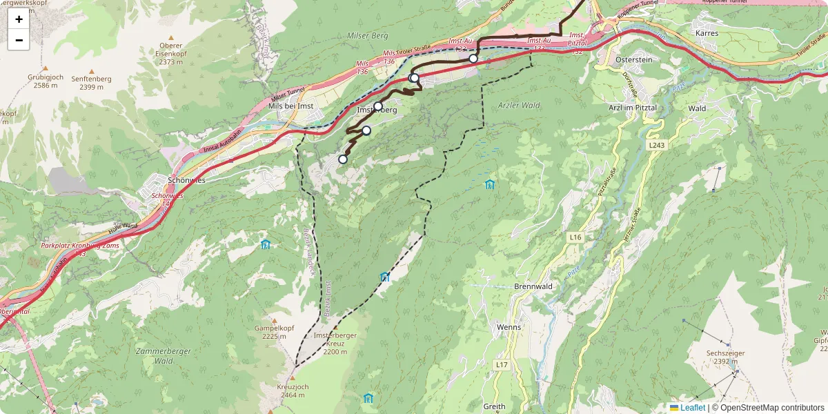 Nahverkehrsnetz in imsterberg, Österreich - Buslinien, Haltestellen und Verbindungen auf der Karte